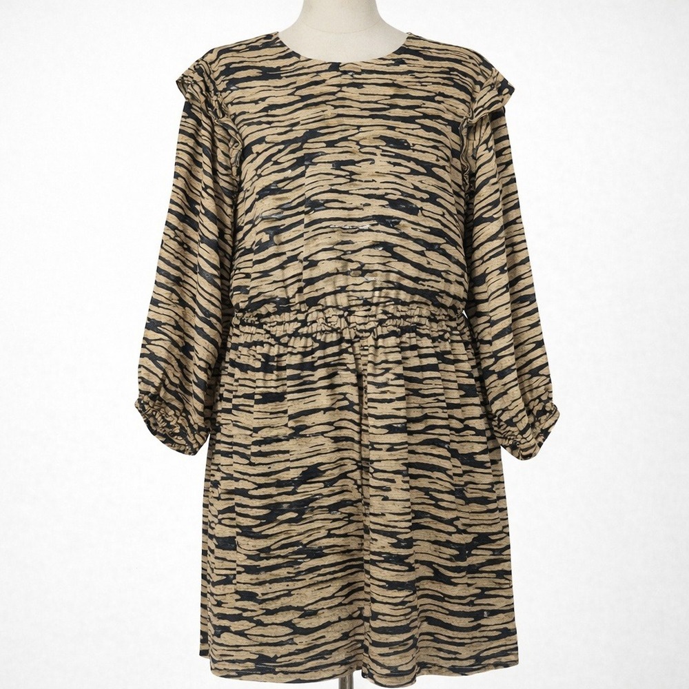 $238 Rails Ora Canyon Tiger Print Long Sleeve Ruffle Mini Dress L Y2K Party